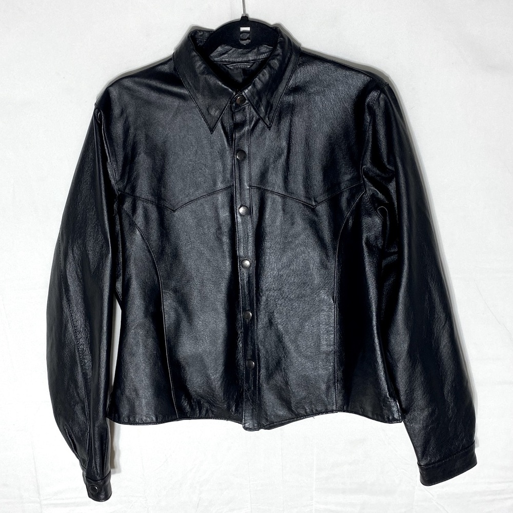 Vintage Bikers Club Black Leather Snap Front Long Sleeve Shirt Jacket L Festival